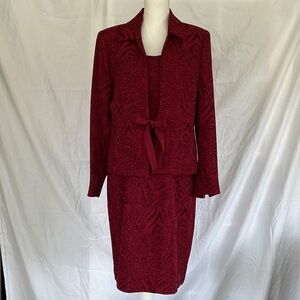 Two Piece Burgundy Textured Dress Suit with Tie Front